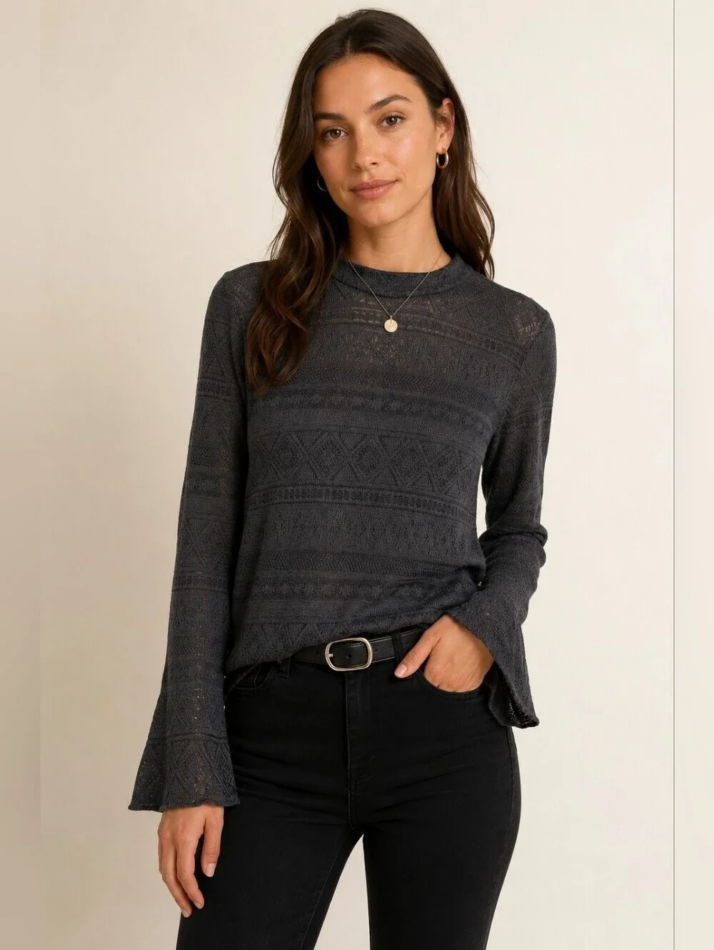 ✨ LOFT Textured Knit Bell Sleeve Sweater Top ✨🖤 Chic minimalist meets cozy boh
